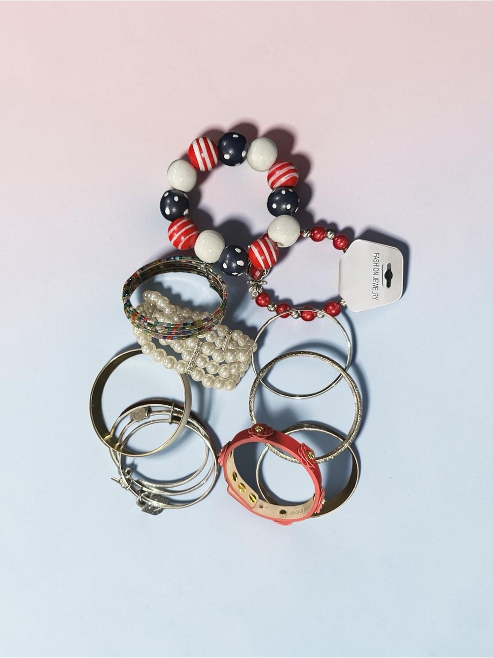 Patriotic Red White Blue Beaded Bracelet Stack Silver Bangle Pearl Set - Picture 4 of 5